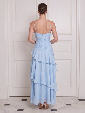 A Line Midi Wedding Guest Dresses Spaghetti Straps Tiered Ruffles Light Blue