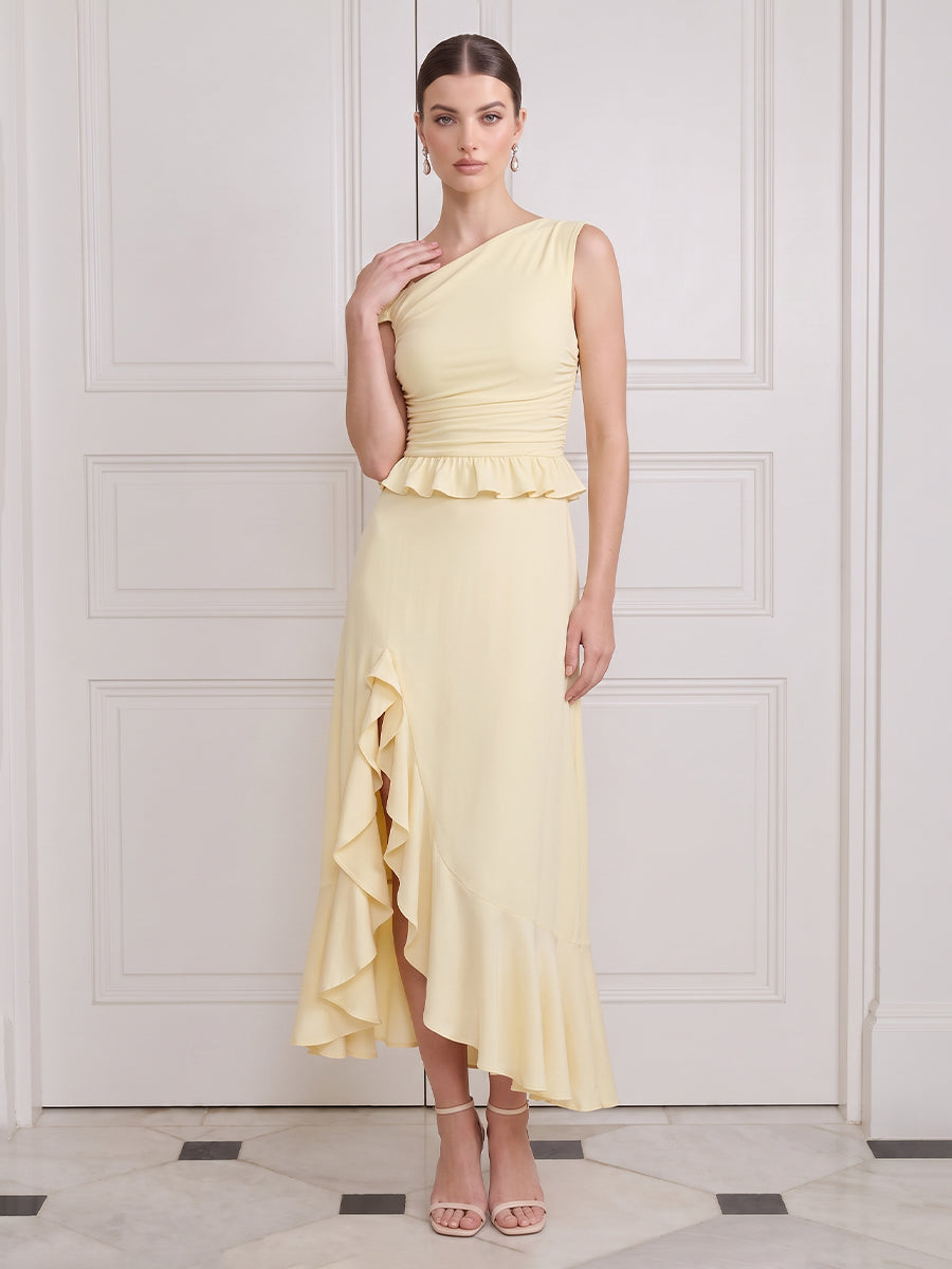 A Line Midi Wedding Guest Dresses One Shoulder Yellow with Ruffles