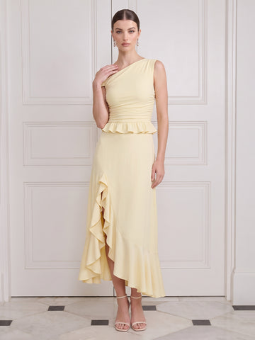 A Line Midi Wedding Guest Dresses One Shoulder Yellow with Ruffles