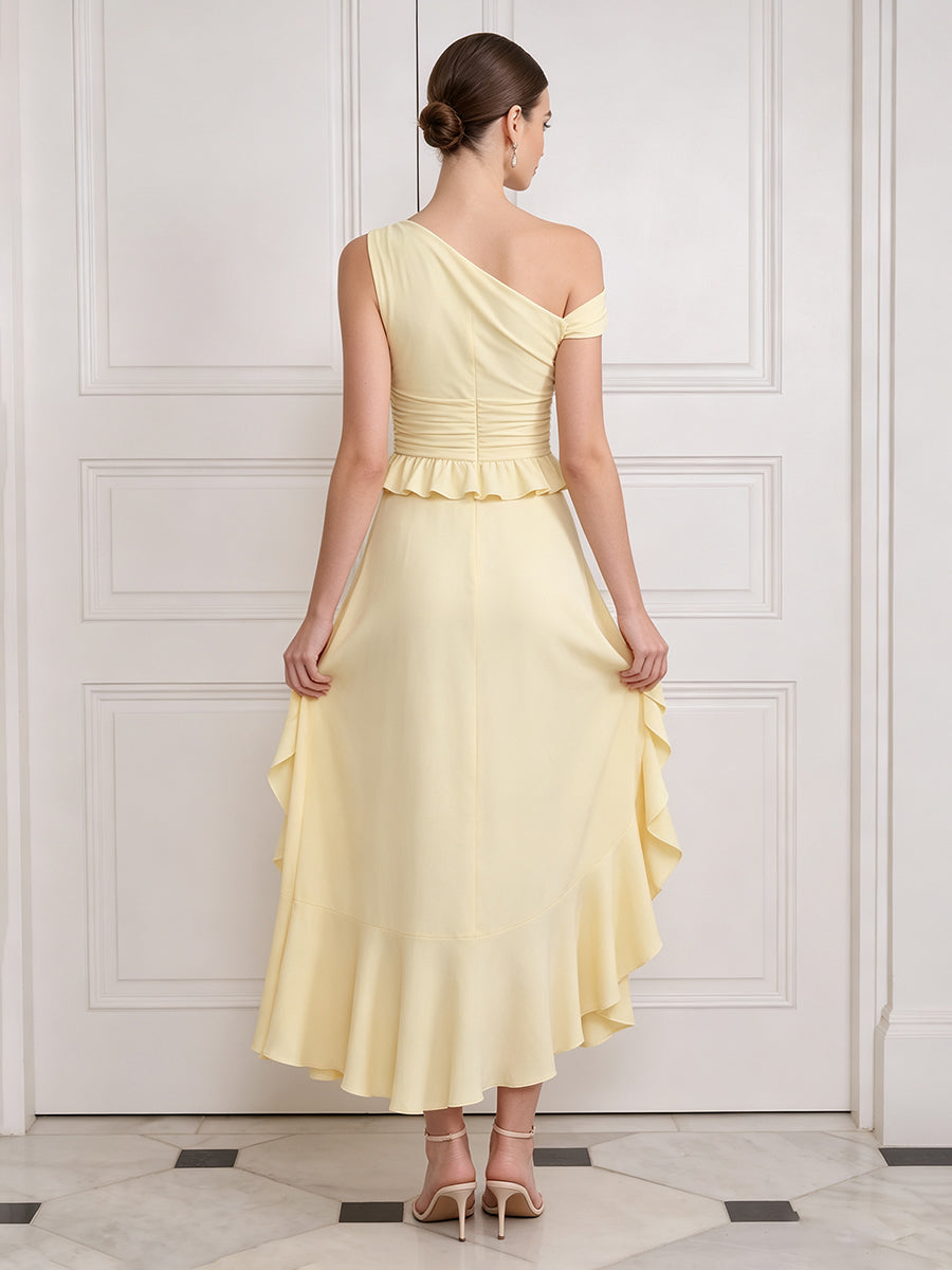 A Line Midi Wedding Guest Dresses One Shoulder Yellow with Ruffles