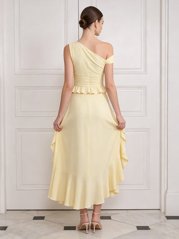 A Line Midi Wedding Guest Dresses One Shoulder Yellow with Ruffles