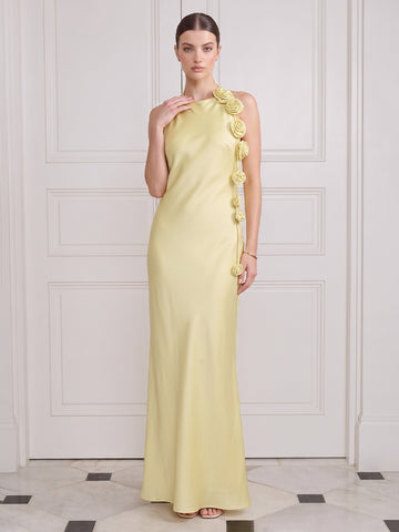 Mermaid Long Wedding Guest Dresses Yellow Satin Round Neck with 3D Flowers