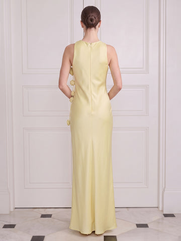Mermaid Long Wedding Guest Dresses Yellow Satin Round Neck with 3D Flowers
