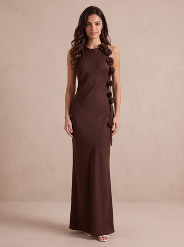 Mermaid Long Wedding Guest Dresses Brown Satin Round Neck with 3D Flowers Formal Dresses