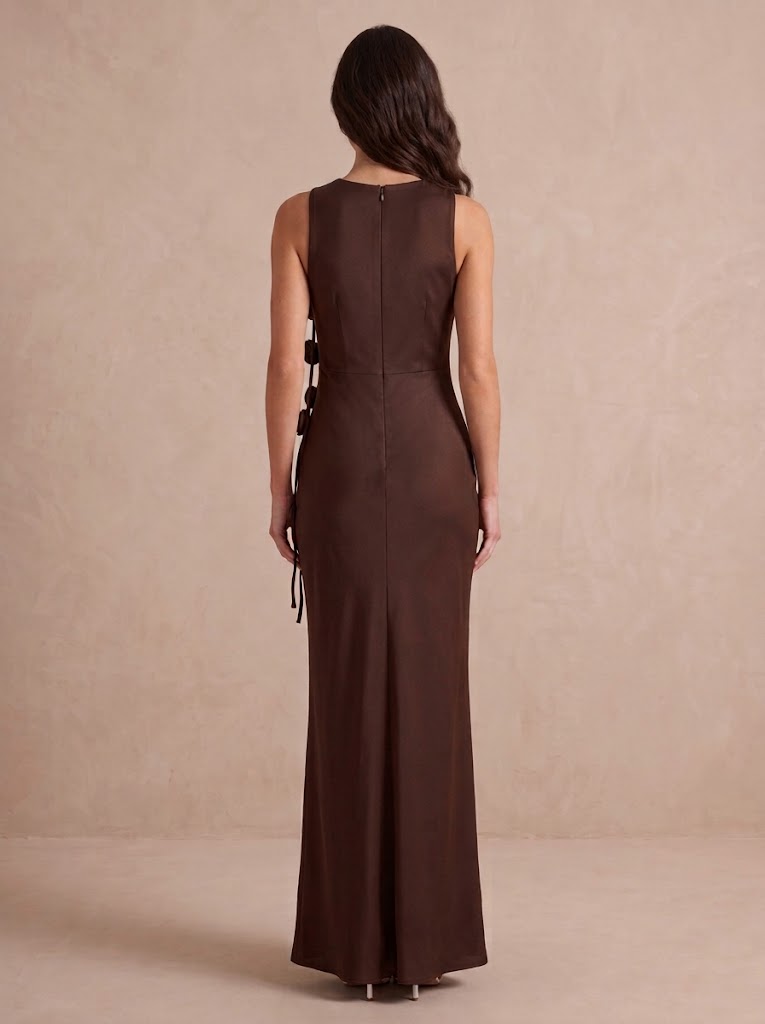 Mermaid Long Wedding Guest Dresses Brown Satin Round Neck with 3D Flowers Formal Dresses