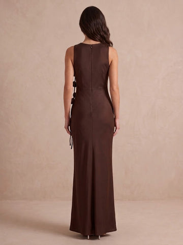 Mermaid Long Wedding Guest Dresses Brown Satin Round Neck with 3D Flowers Formal Dresses