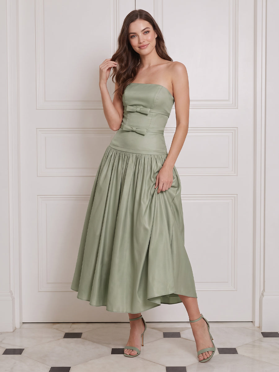 Satin Wedding Guest Dresses Sage Midi A Line Ruched with Bow Strapless