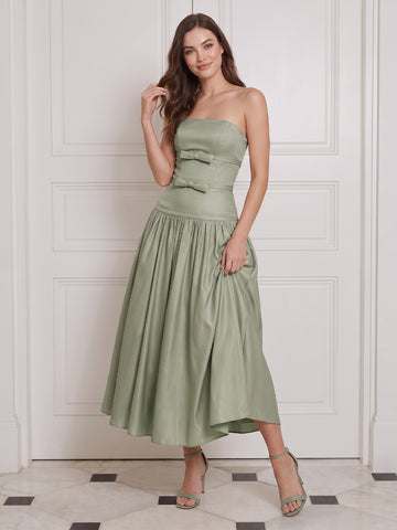 Satin Wedding Guest Dresses Sage Midi A Line Ruched with Bow Strapless