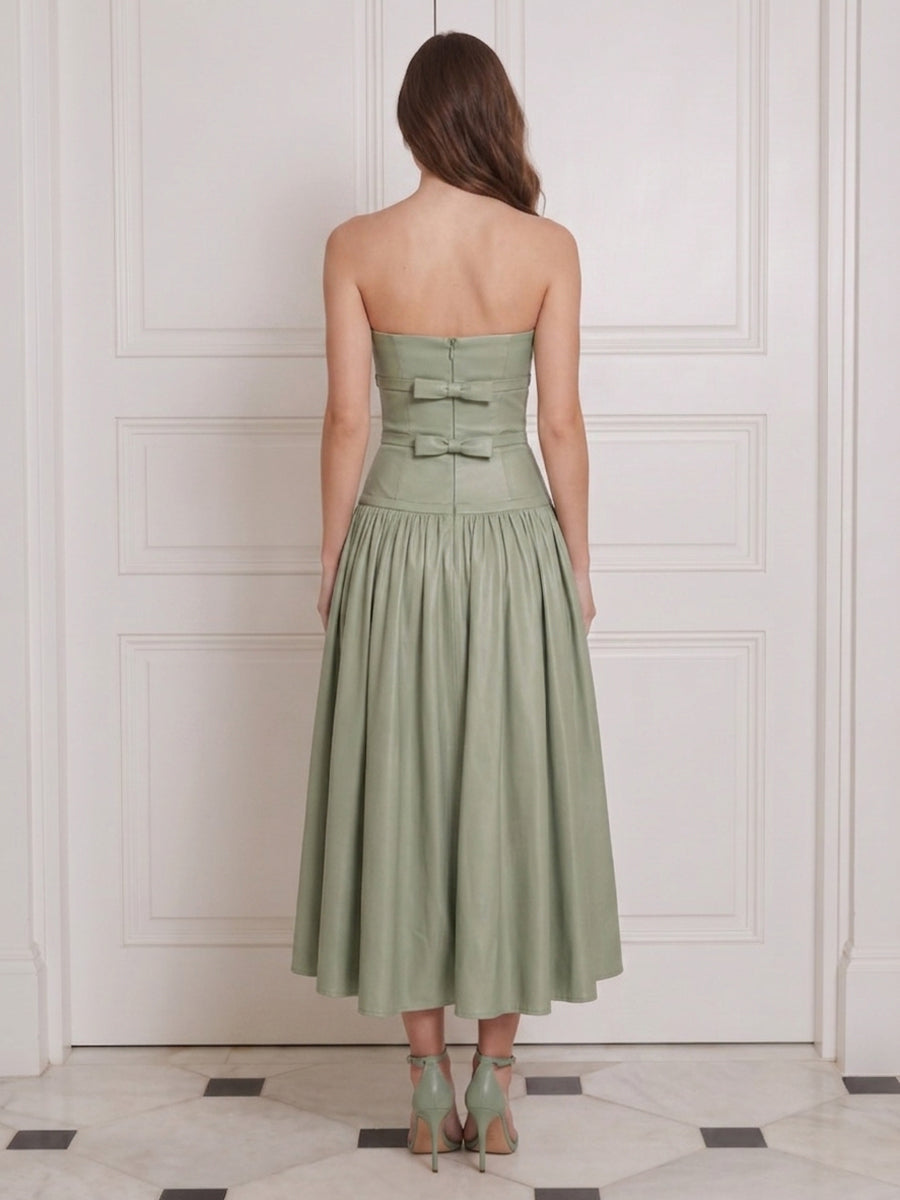 Satin Wedding Guest Dresses Sage Midi A Line Ruched with Bow Strapless