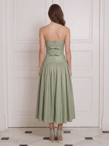 Satin Wedding Guest Dresses Sage Midi A Line Ruched with Bow Strapless