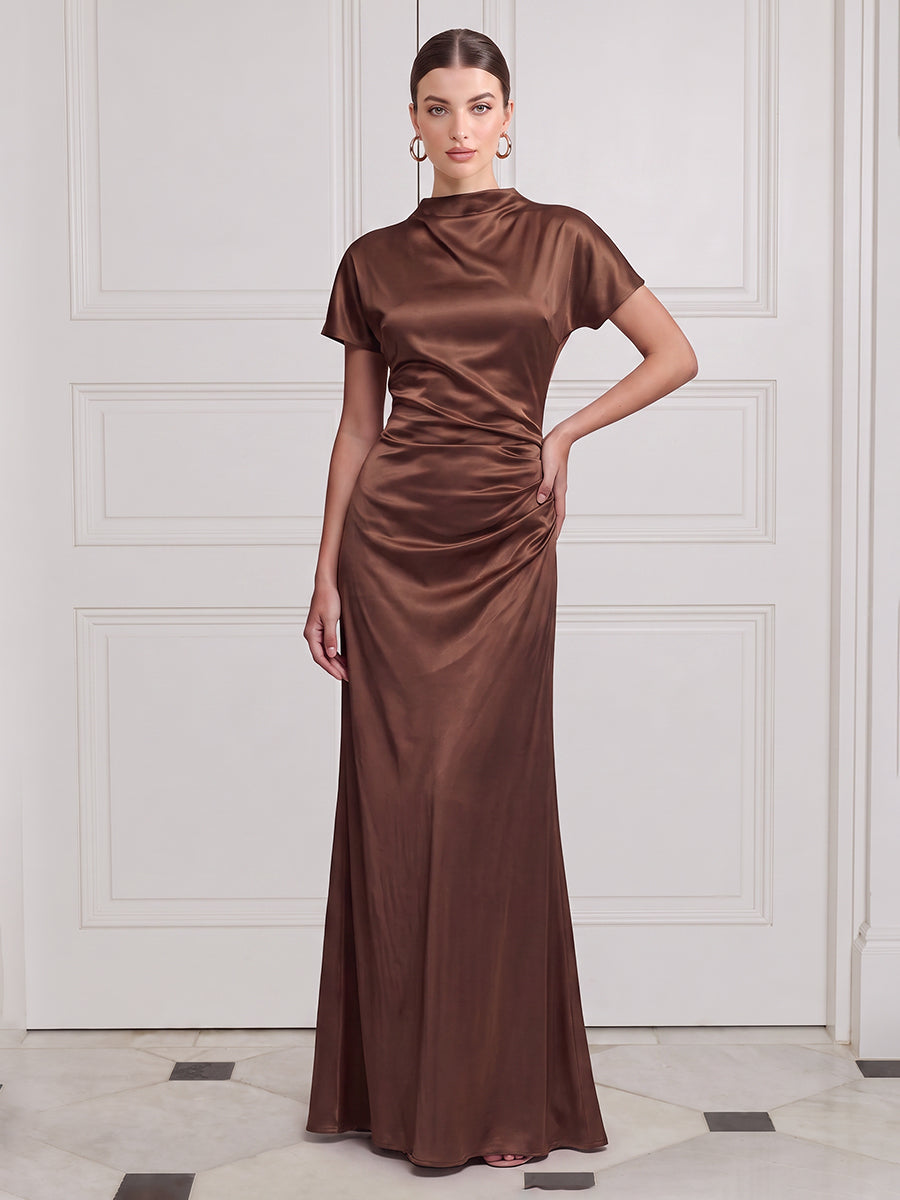 Satin Wedding Guest Dresses Brown Mermaid Short Sleeve High Neck