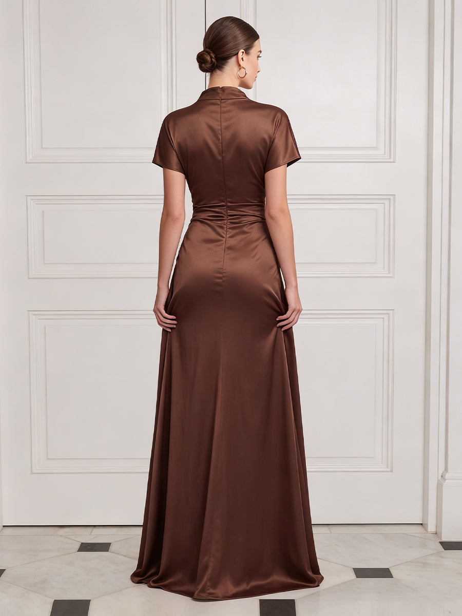 Satin Wedding Guest Dresses Brown Mermaid Short Sleeve High Neck