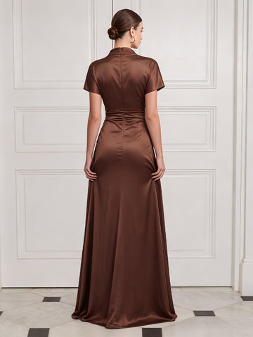 Satin Wedding Guest Dresses Brown Mermaid Short Sleeve High Neck