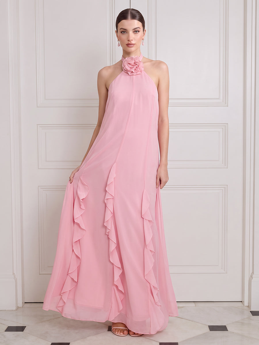 Pink Wedding Guest Dresses Halter with Flower Ruffles A Line