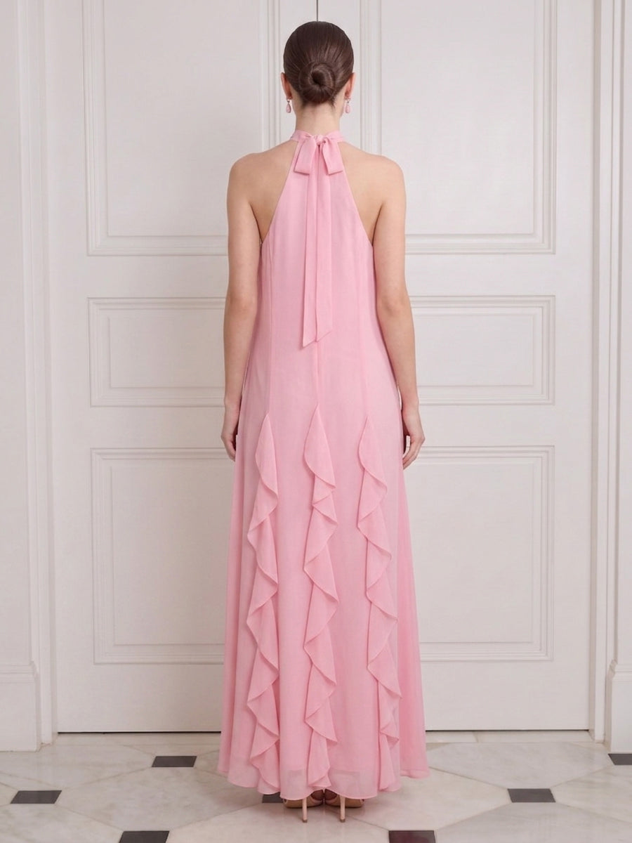 Pink Wedding Guest Dresses Halter with Flower Ruffles A Line