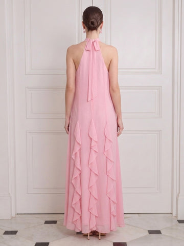 Pink Wedding Guest Dresses Halter with Flower Ruffles A Line