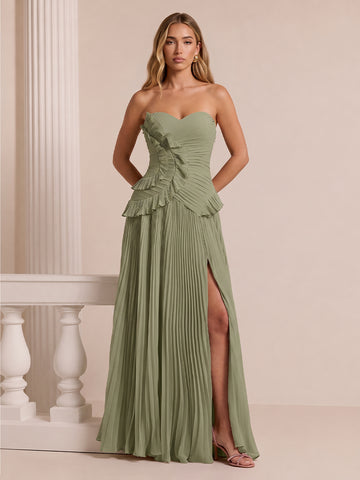 Pleated Long Wedding Guest Dresses Sweetheart Neck Sage Chiffon with Slit