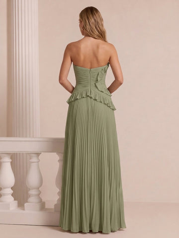 Pleated Long Wedding Guest Dresses Sweetheart Neck Sage Chiffon with Slit