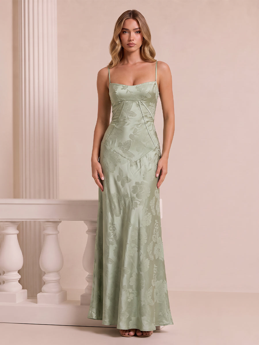 Floral Print Satin Wedding Guest Dresses Sage A Line Spaghetti Straps