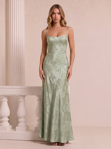 Floral Print Satin Wedding Guest Dresses Sage A Line Spaghetti Straps