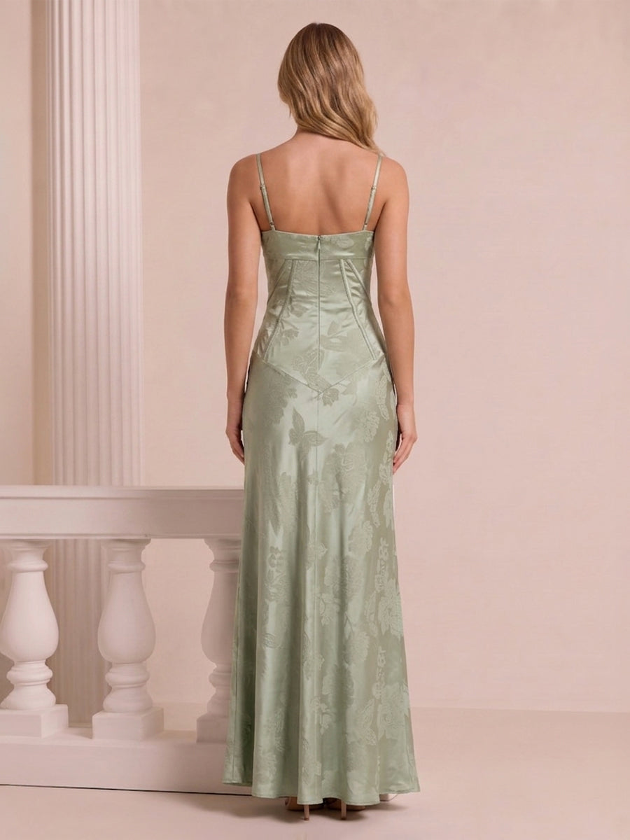 Floral Print Satin Wedding Guest Dresses Sage A Line Spaghetti Straps