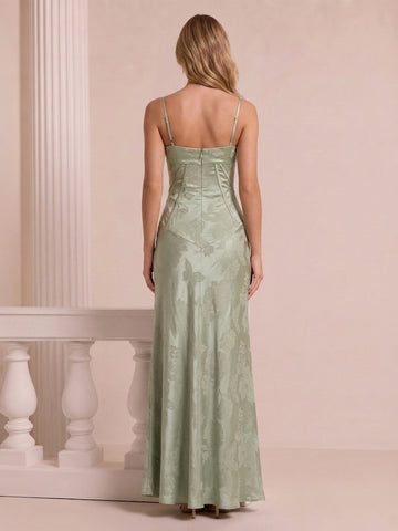 Floral Print Satin Wedding Guest Dresses Sage A Line Spaghetti Straps