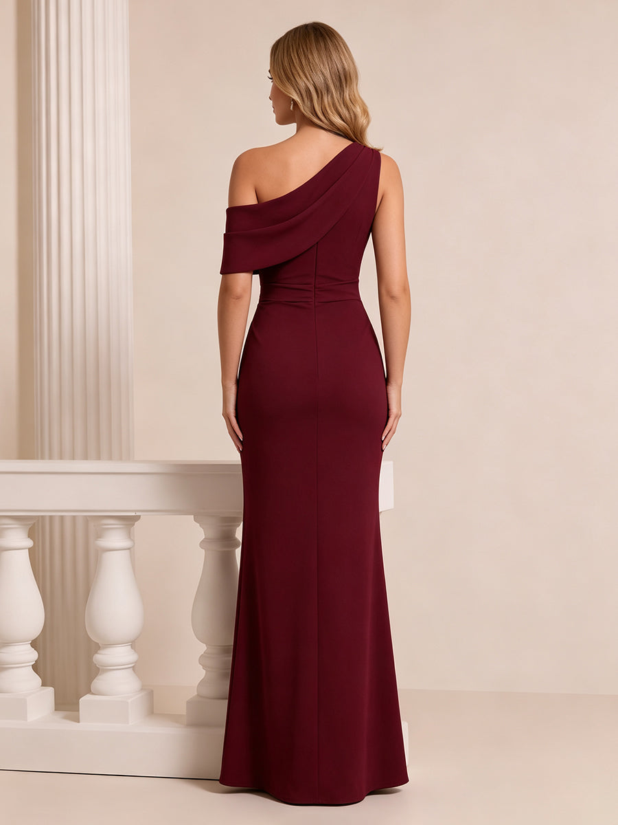 Satin Burgundy Long Wedding Guest Dresses Mermaid Ruched One Shoulder with Slit