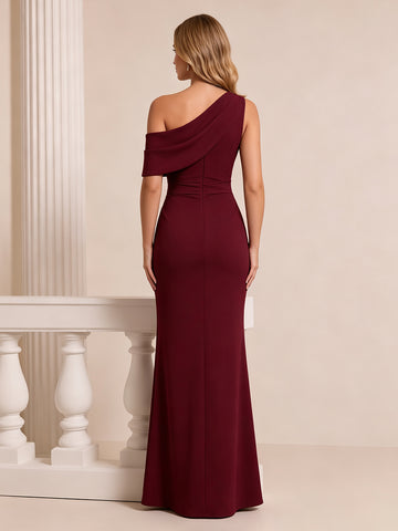 Satin Burgundy Long Wedding Guest Dresses Mermaid Ruched One Shoulder with Slit