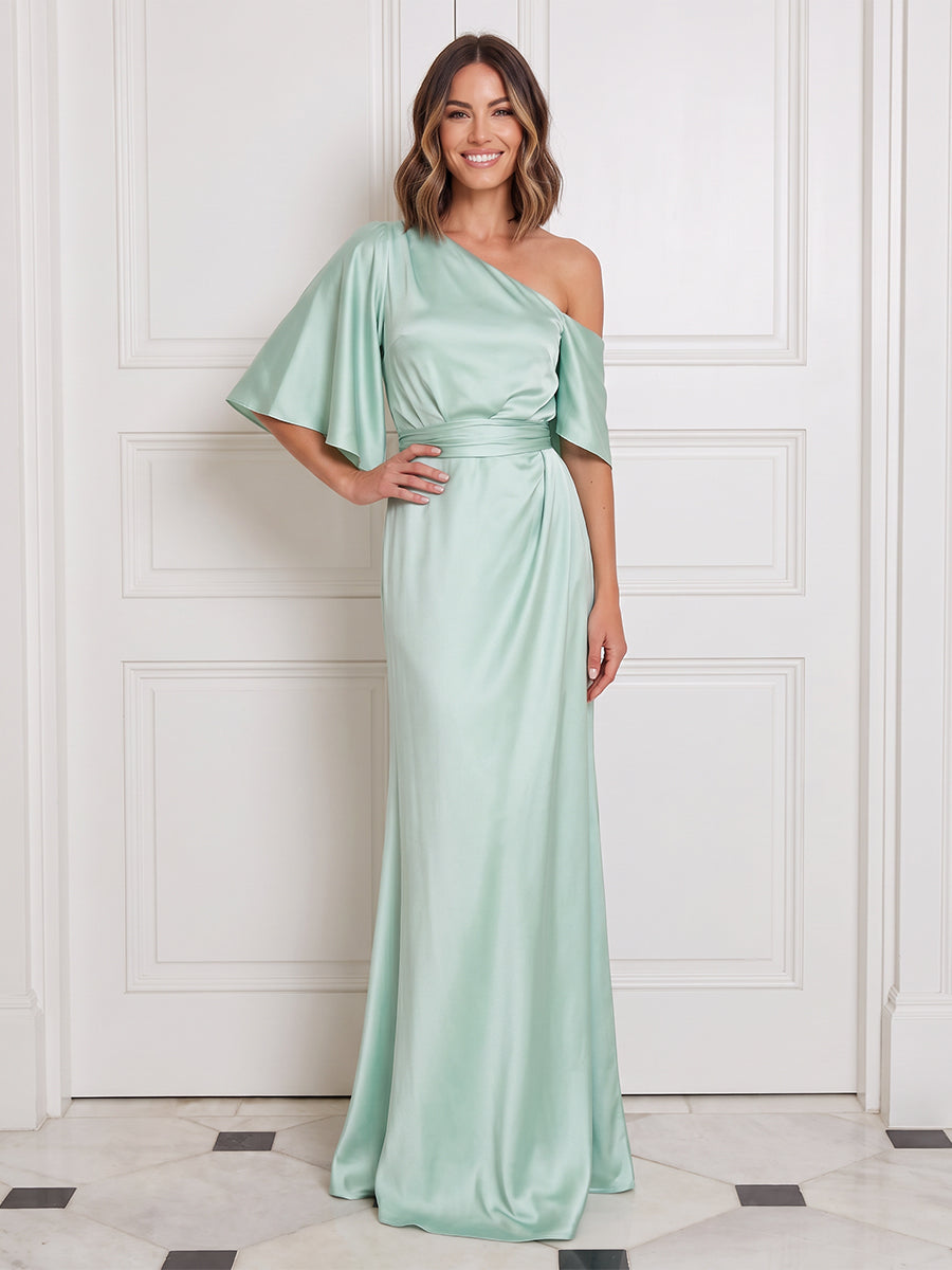 SatinLong Wedding Guest Dresses Mermaid Mint Blue Ruched One Shoulder