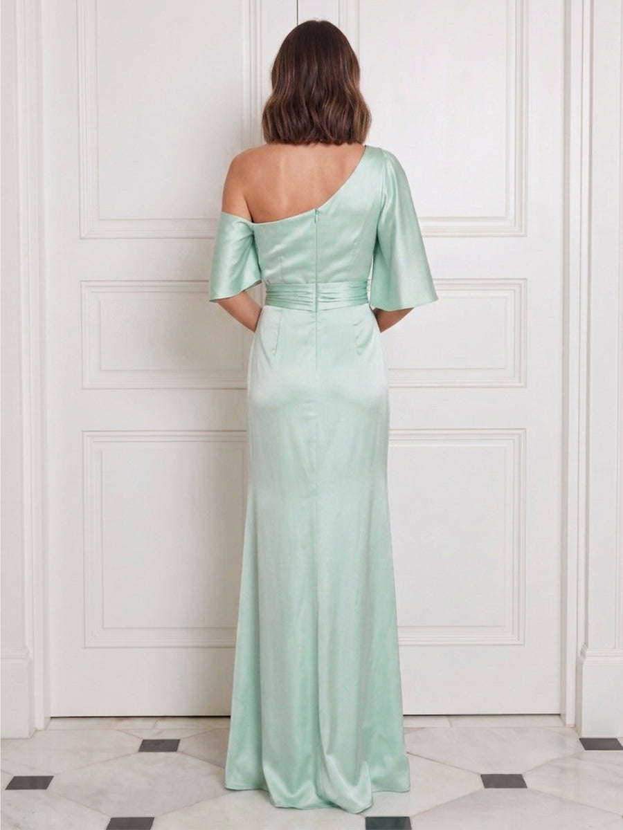 SatinLong Wedding Guest Dresses Mermaid Mint Blue Ruched One Shoulder