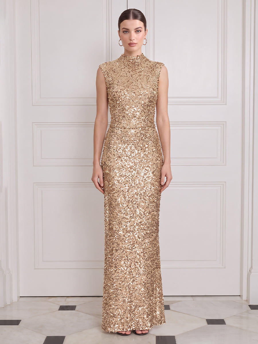 Champagne Sequin Long Wedding Guest Dresses Mermaid High Neck