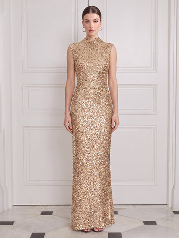 Champagne Sequin Long Wedding Guest Dresses Mermaid High Neck