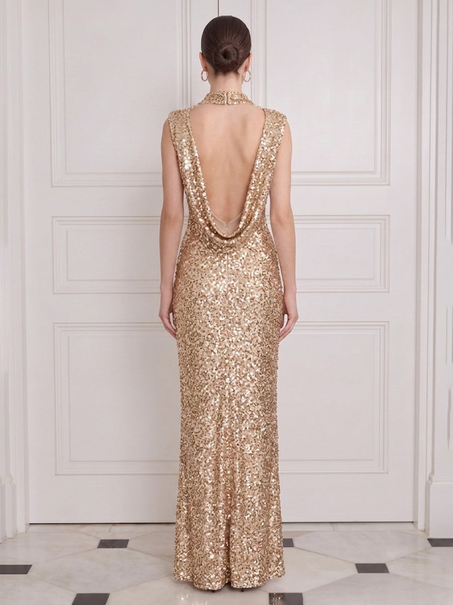 Champagne Sequin Long Wedding Guest Dresses Mermaid High Neck