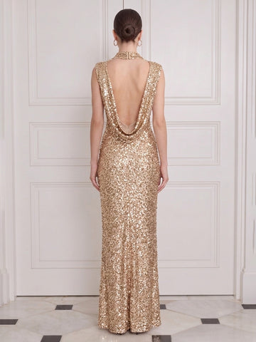 Champagne Sequin Long Wedding Guest Dresses Mermaid High Neck