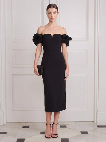 Black Satin Long Wedding Guest Dresses Mermaid Ruffles Off Shoulder Midi