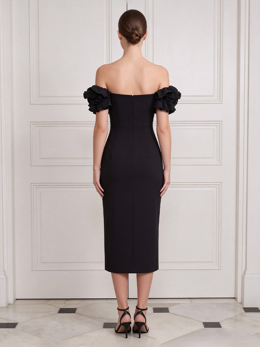 Black Satin Long Wedding Guest Dresses Mermaid Ruffles Off Shoulder Midi