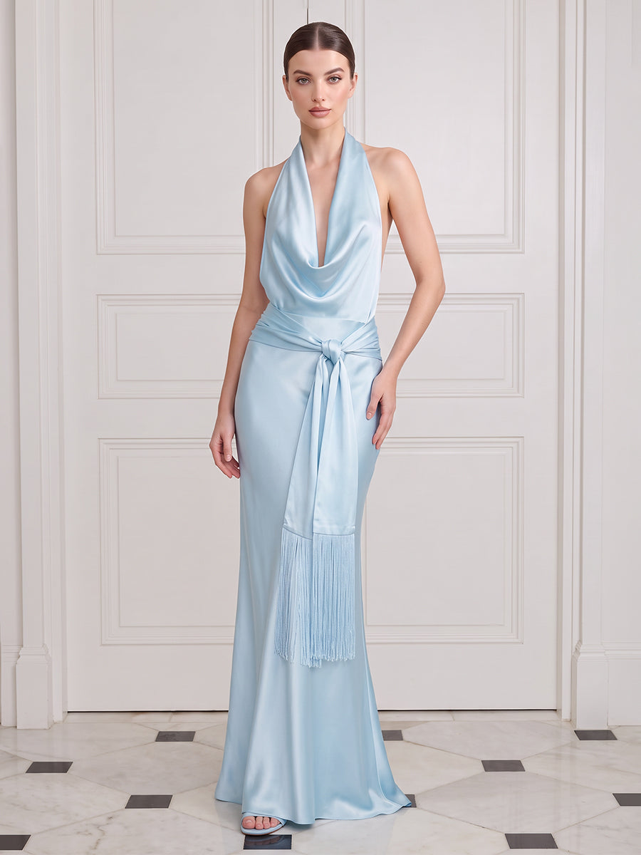 Satin Light Blue Mermaid Long Wedding Guest Dresses Halter Cowl Neck