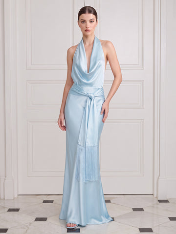 Satin Light Blue Mermaid Long Wedding Guest Dresses Halter Cowl Neck