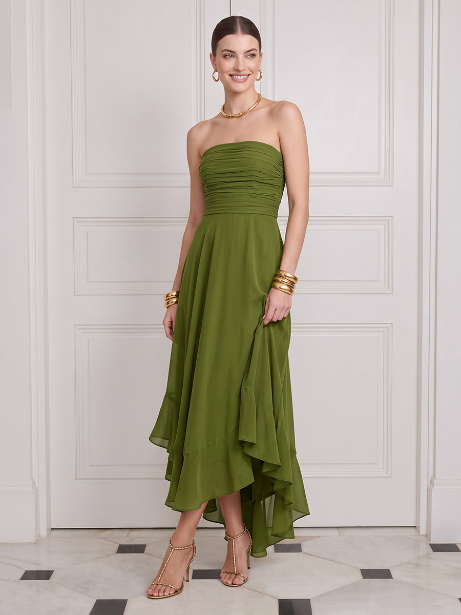 High Low Wedding Guest Dresses Olive Green Ruched Chiffon Strapless A Line