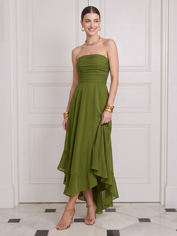 High Low Wedding Guest Dresses Olive Green Ruched Chiffon Strapless A Line