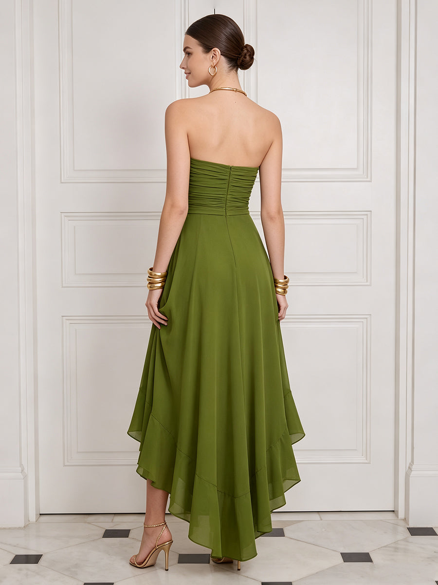 High Low Wedding Guest Dresses Olive Green Ruched Chiffon Strapless A Line