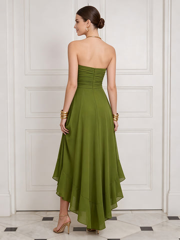 High Low Wedding Guest Dresses Olive Green Ruched Chiffon Strapless A Line