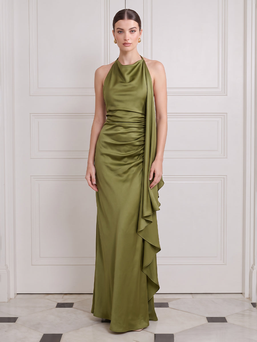 Long Mermaid Wedding Guest Dresses Olive Green Satin with Cape Halter
