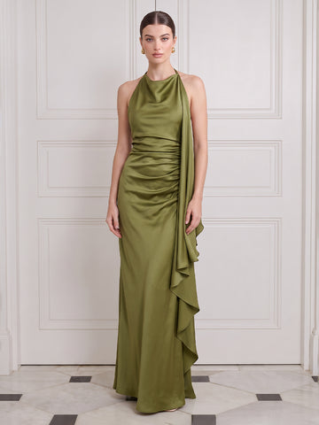 Long Mermaid Wedding Guest Dresses Olive Green Satin with Cape Halter