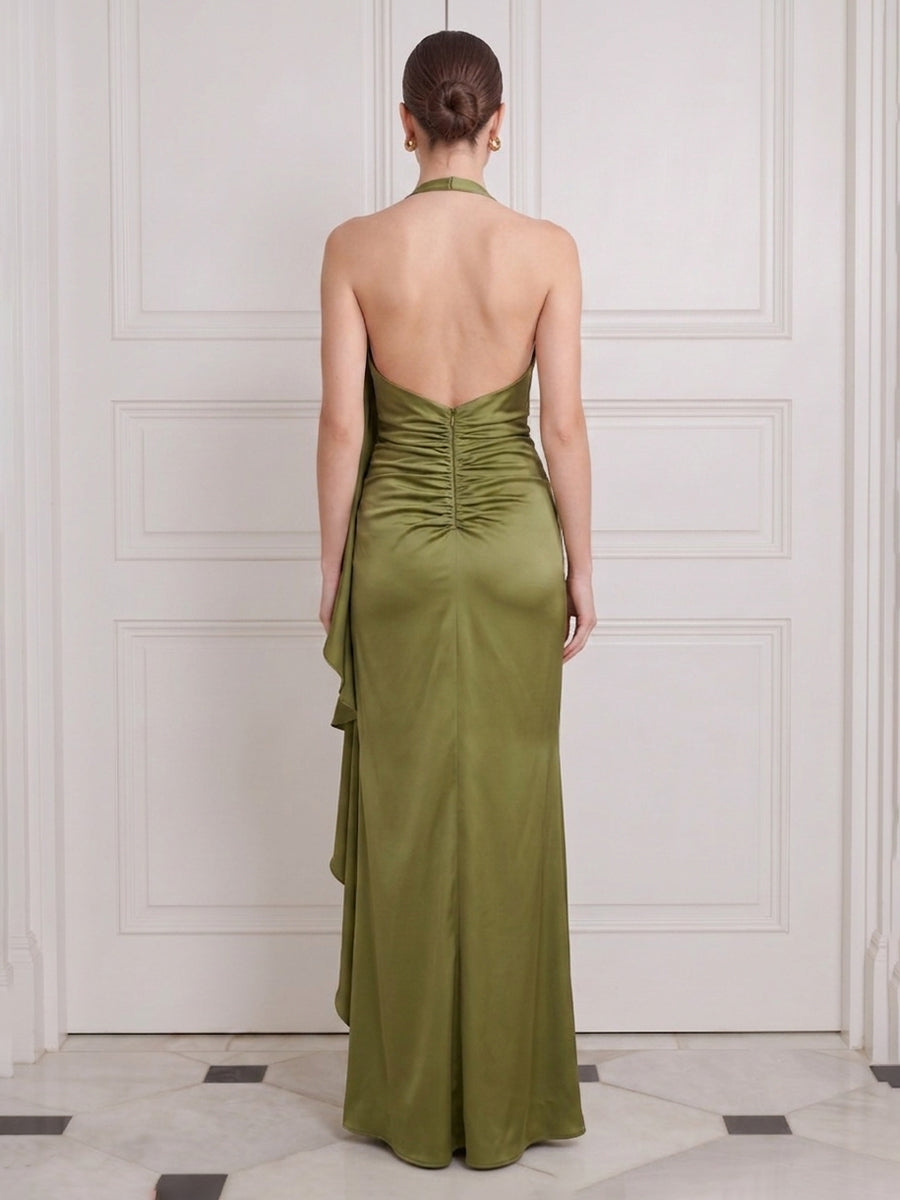 Long Mermaid Wedding Guest Dresses Olive Green Satin with Cape Halter
