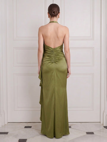 Long Mermaid Wedding Guest Dresses Olive Green Satin with Cape Halter
