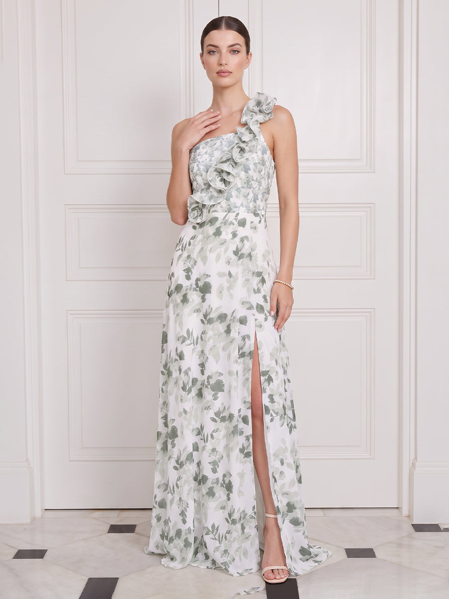 Floral Wedding Guest Dresses Green Chiffon One Shoulder A Line with Slit