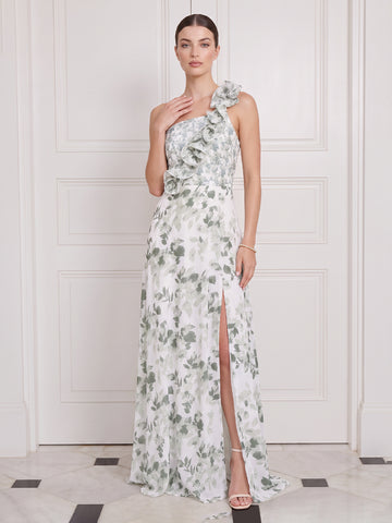 Floral Wedding Guest Dresses Green Chiffon One Shoulder A Line with Slit
