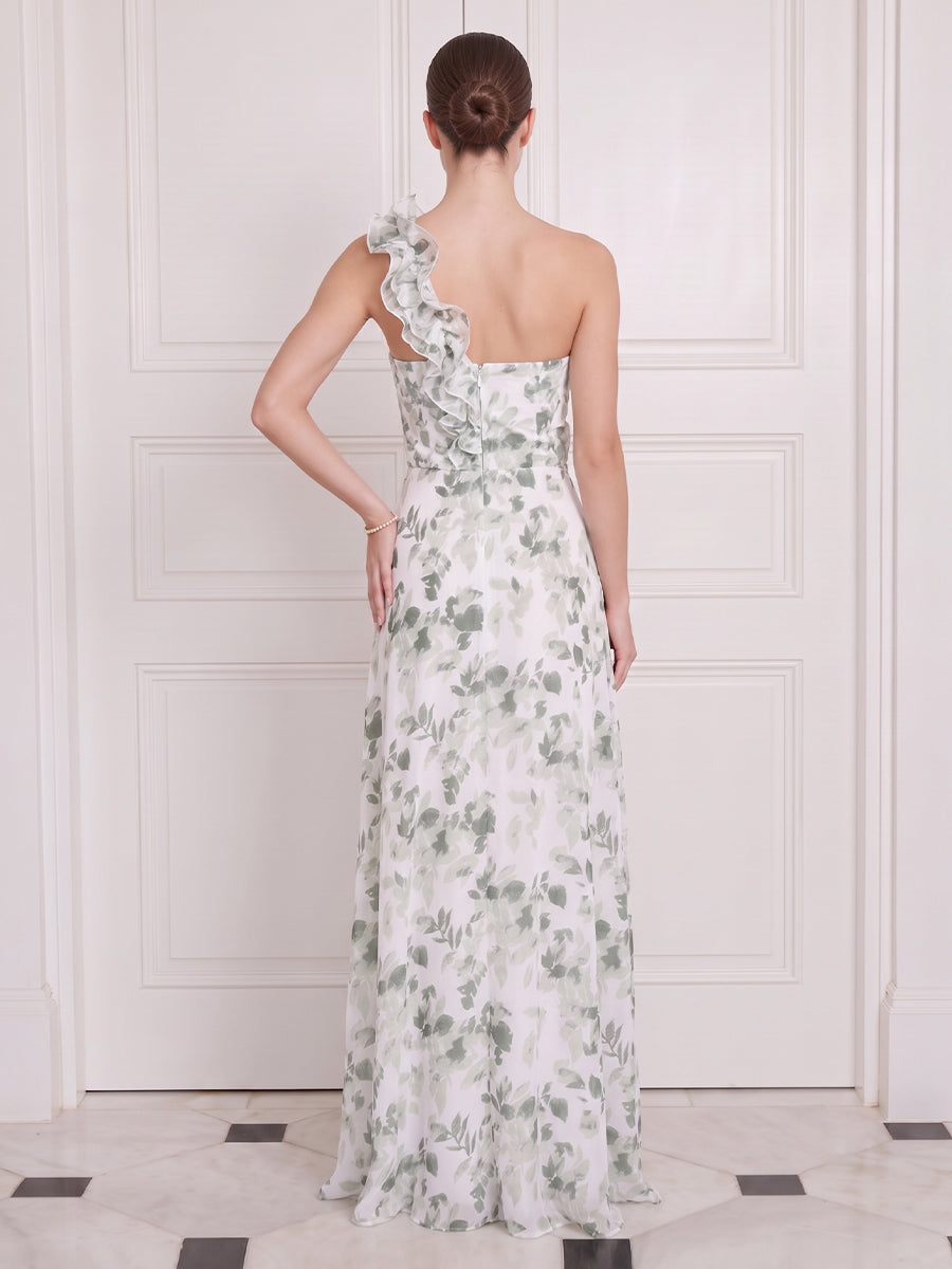 Floral Wedding Guest Dresses Green Chiffon One Shoulder A Line with Slit