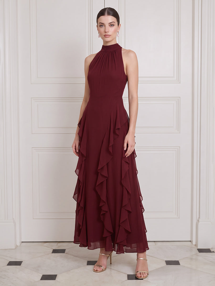 Burgundy Wedding Guest Dresses Halter High Neck Chiffon Ruffles A Line